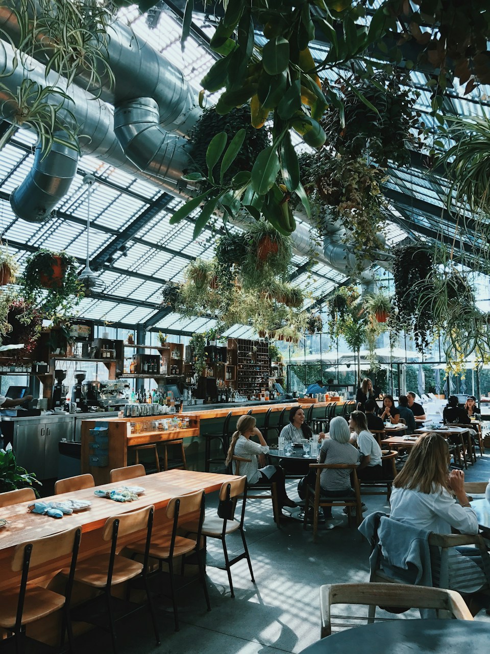 Restaurante luminoso con vegetación interior
